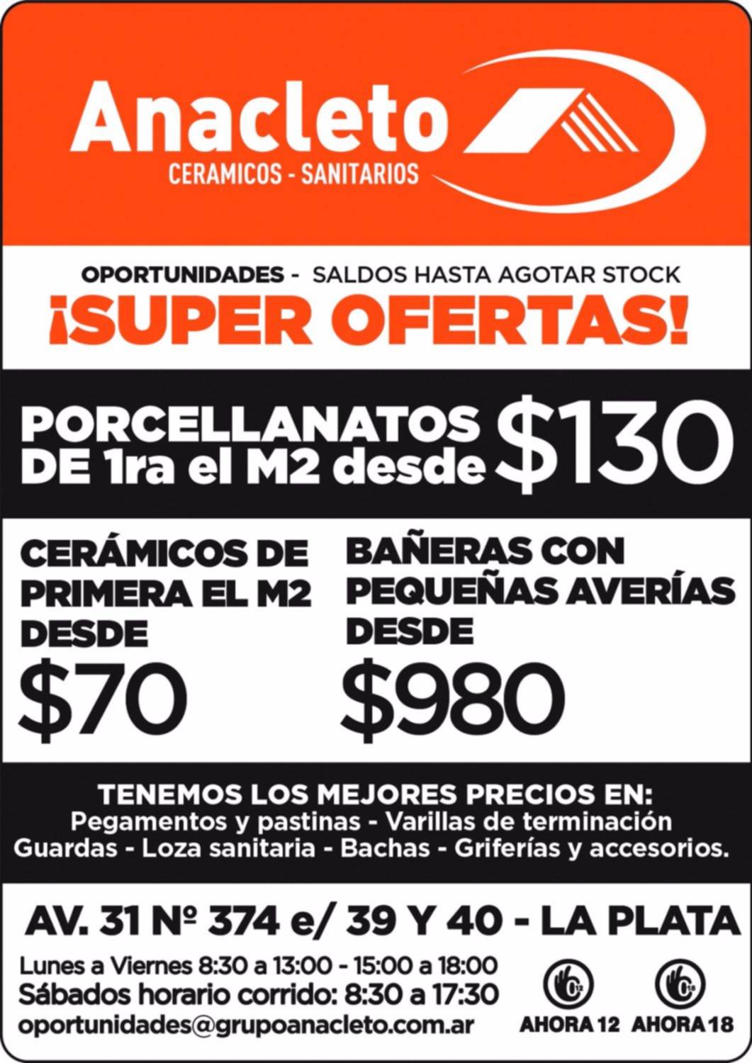 Super ofertas en Anacleto, cerámicos y sanitarios