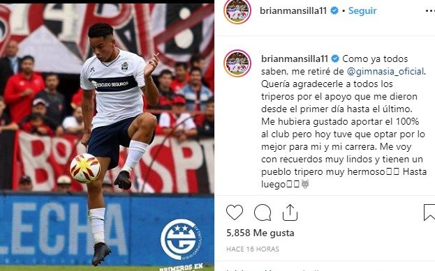Tras su partida, Mansilla le agradeció al "pueblo tripero" mediante las redes