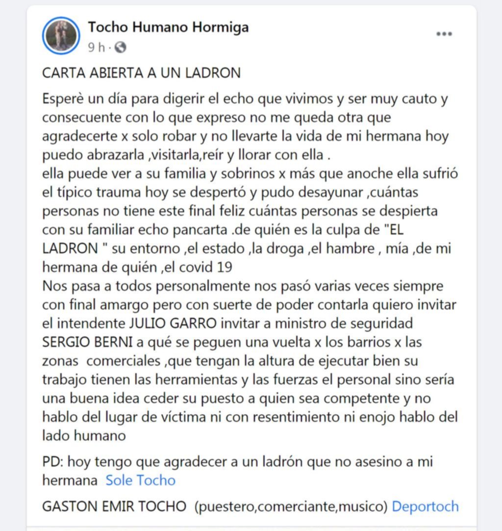 En una carta abierta, le “agradeció” a un ladrón porque no asesinó a su hermana
