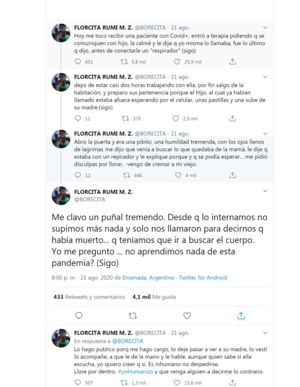 COVID: el gesto de una enfermera platense renueva el drama de la agonía en soledad