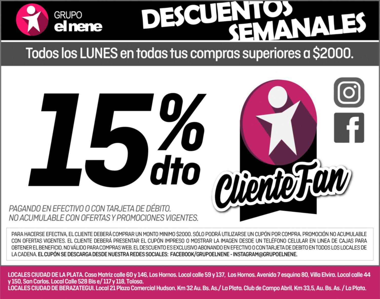 El lunes 15% de descuento en tus compras superiores a $2000