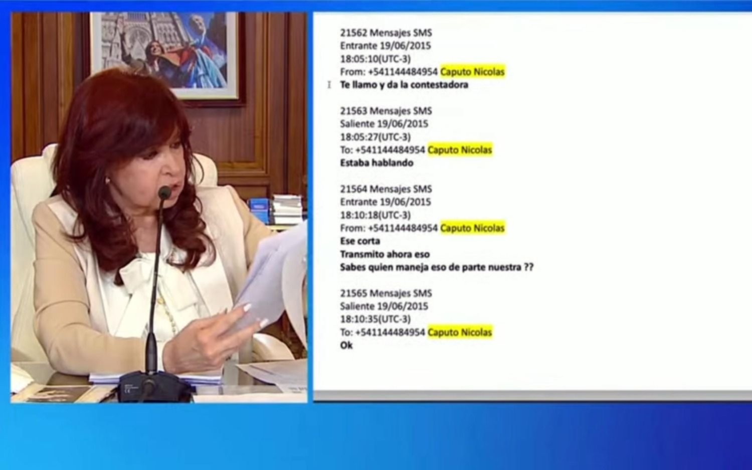 Cristina Kirchner mostró mensajes entre José López y Nicolás Caputo