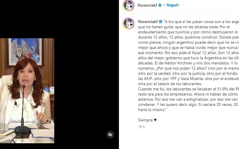 La frase que eligió Florencia Kirchner del descargo de su madre para subir a sus redes