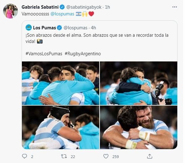 "Vamos Los Pumas": el festejo y las felicitaciones de Gabi Sabatini