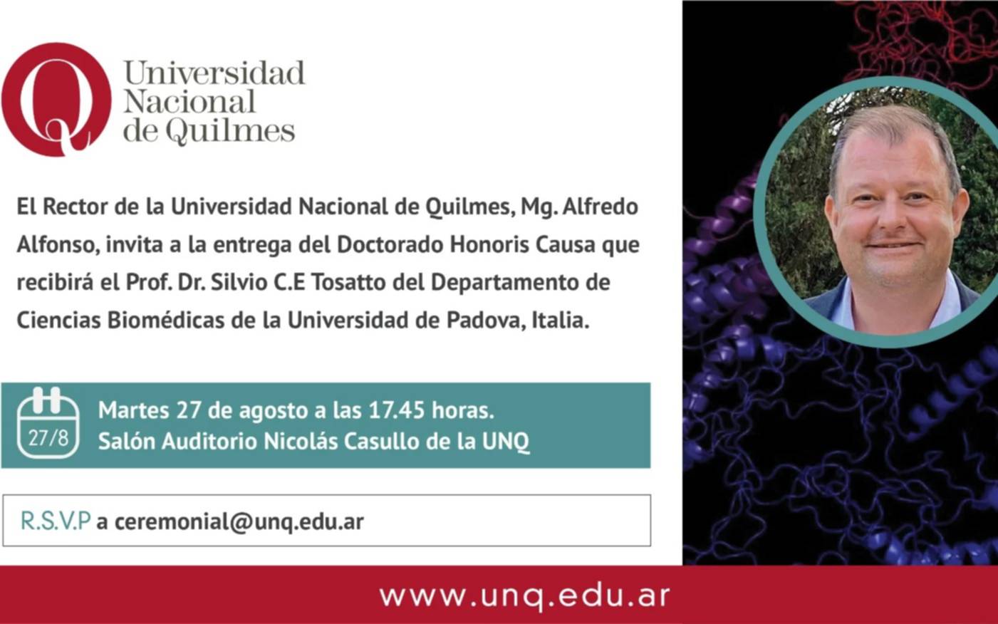 La UNQ entregará el Doctor Honoris Causa al Prof. Silvio Tosatto