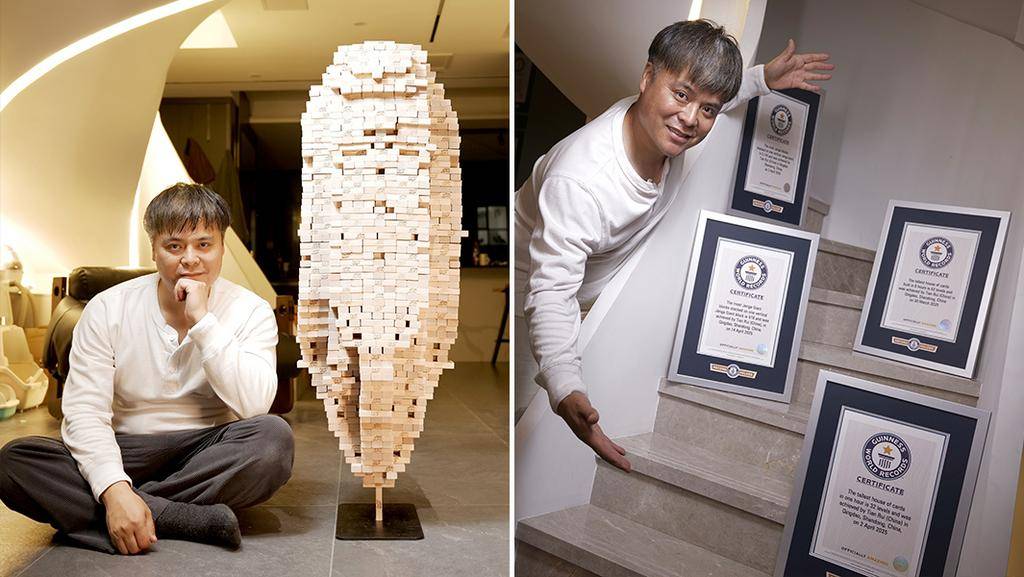 Récord Guinness: el “arquitecto de cartas”, un capo jugando al Jenga