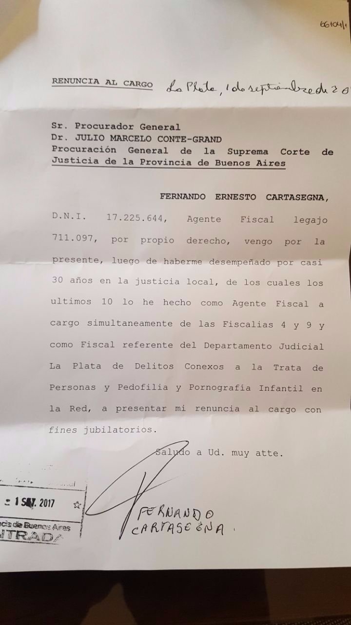 Renunció el fiscal Cartasegna 