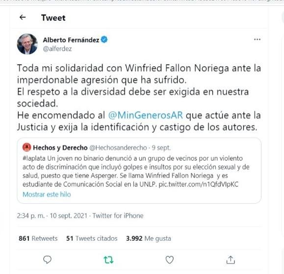 El Presidente recibió al joven no binario platense que denunció una agresión