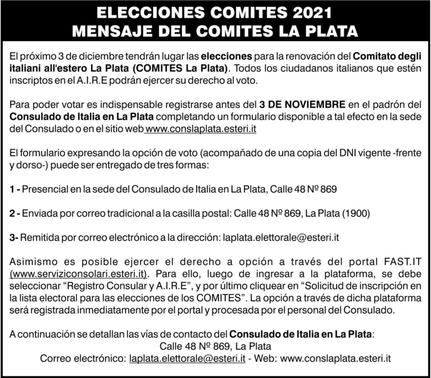 3 de diciembre elecciones para la renovación del Comitato degli italiani all'estero La Plata