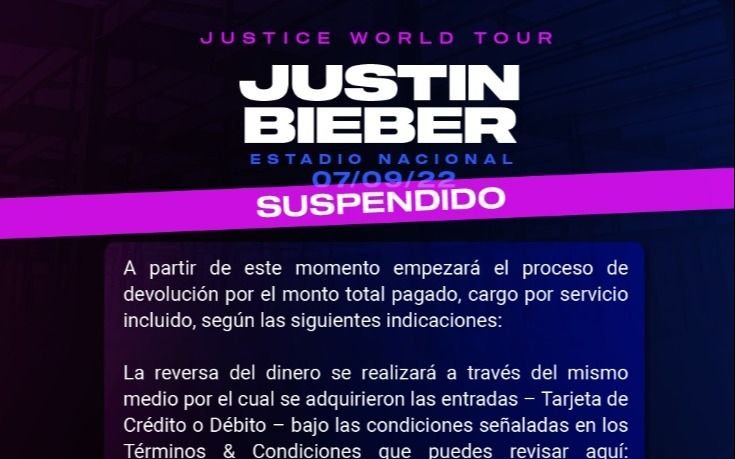 El recital de Justin Bieber en el estadio Nacional de Santiago de Chile también fue suspendido, tal como anticipó eldia.com
