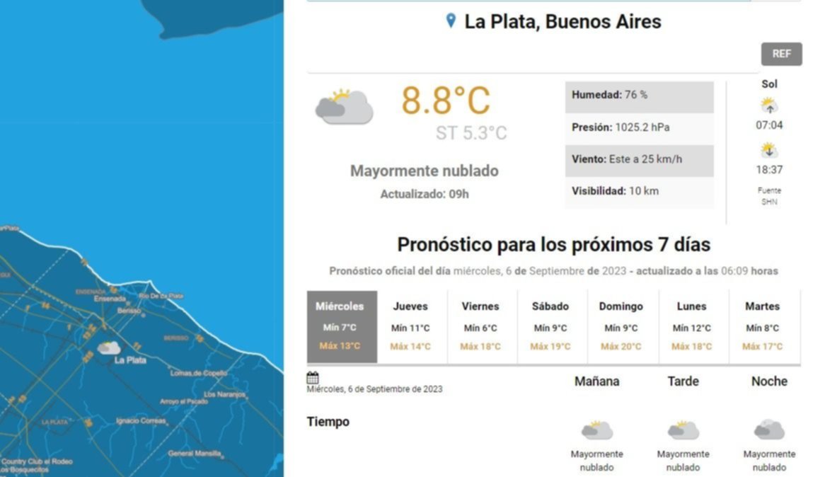 Pronóstico del tiempo en La Plata.- Miércoles frío y con ráfagas, en la antesala de la lluvia