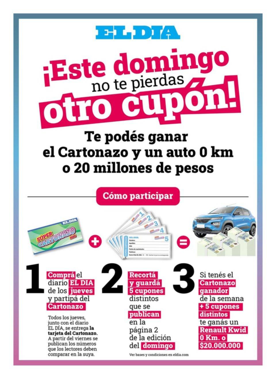 Este domingo | En diario EL DIA encontrá el nuevo cupón del Cartonazo para ganar $20.000.000 o un auto 0KM