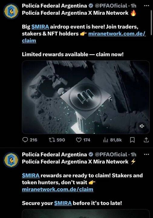 Hackearon la cuenta de X de la Policía Federal Argentina para promocionar una criptomoneda
