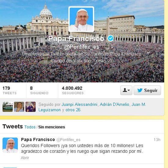 El Twitter del Papa alcanzó los 10 millones de seguidores