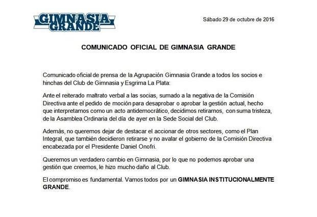 Comunicado de Gimnasia Grande sobre la Asamblea