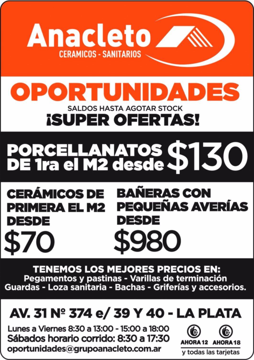 Nuevas oportunidades en Anacleto, cerámicos y sanitarios