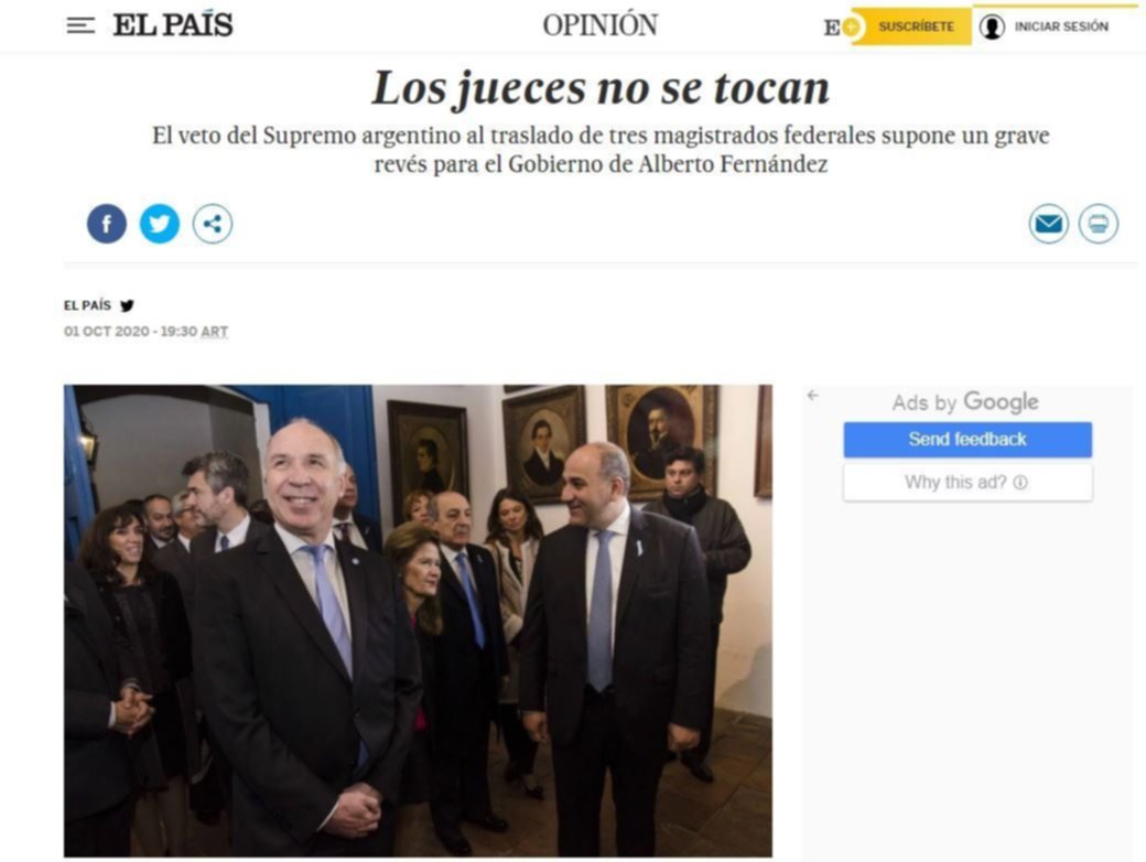 "Los jueces no se tocan": duro editorial del diario El País sobre Argentina