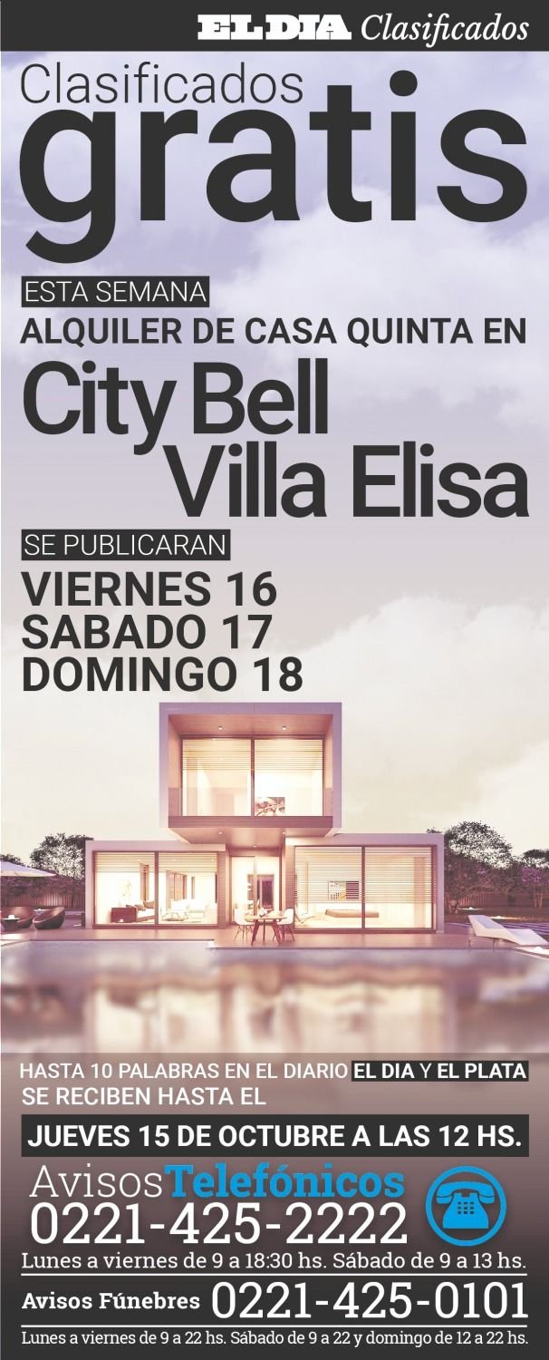 Clasificados gratis de alquiler de casas quinta en City Bell y Villa Elisa