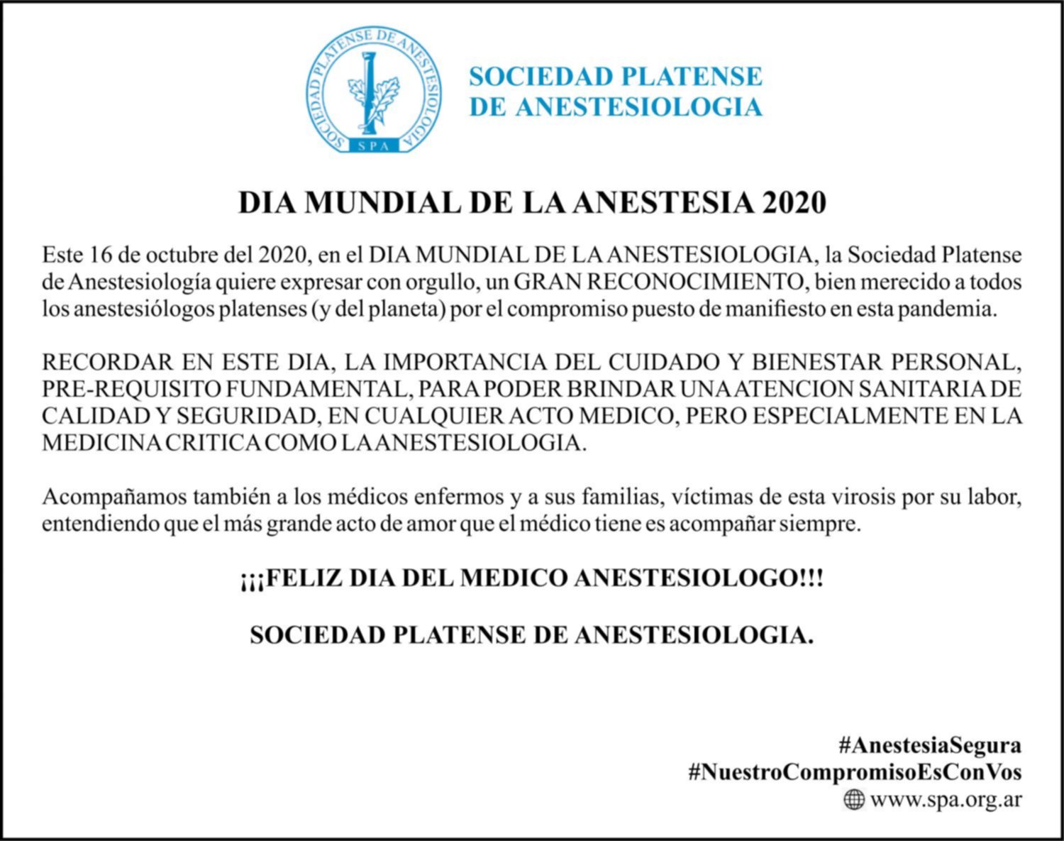 Día Mundial de la Anestesia 2020