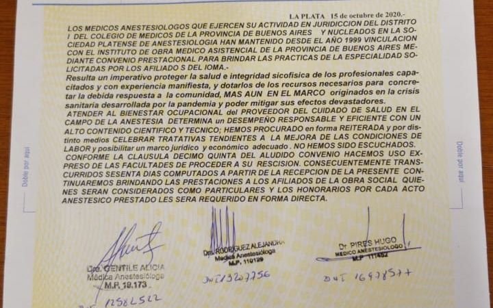 Los anestesiólogos platenses no avalan el convenio con el IOMA y pidieron rescindirlo