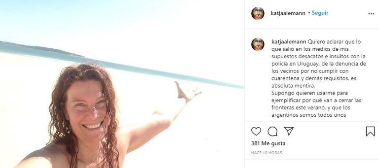 Tras ser acusada de violar la cuarentena en Uruguay, Katja Alemann dijo que "la están usando"