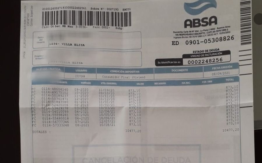 ABSA le reclama una deuda de un año, pero nunca tuvo el servicio de agua