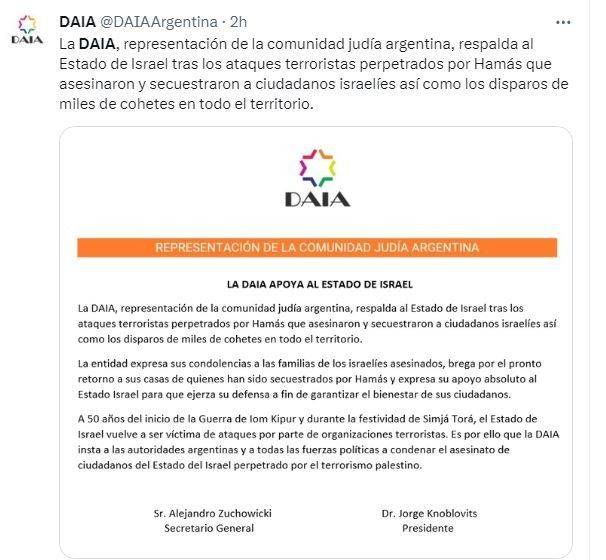 La DAIA respaldó a Israel y envió condolencias a las familias de las víctimas tras el ataque sorpresa de Hamas
