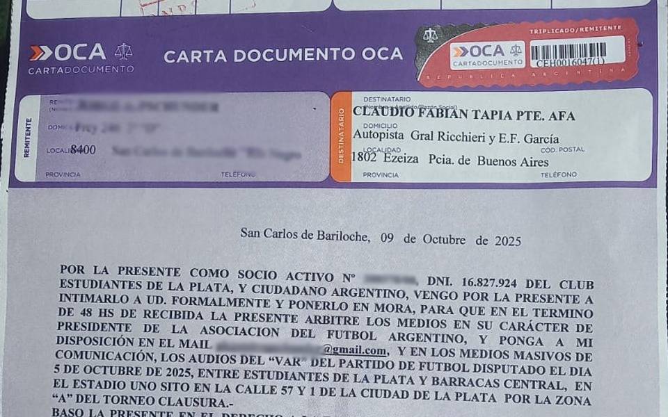 Un hincha de Estudiantes le exigió al Chiqui Tapia los audios del VAR del partido con Barracas a través de una carta documento