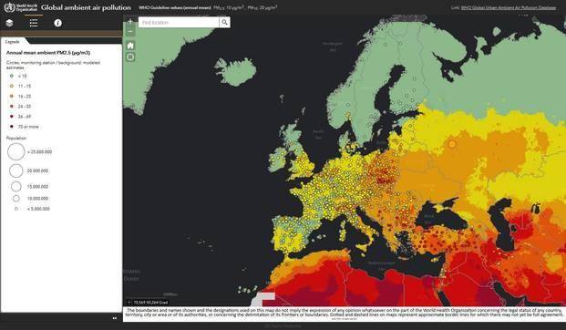 Mapa de la OMS sobre la contaminación del aire