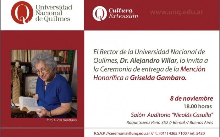 Griselda Gambaro recibirá la Mención Honorífica de la UNQ