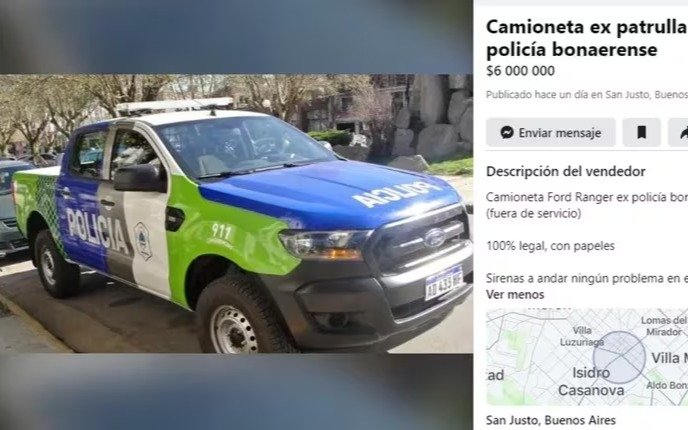 "100% legal, con papeles": un usuario vende un patrullero de la Policía Bonaerense en Marketplace