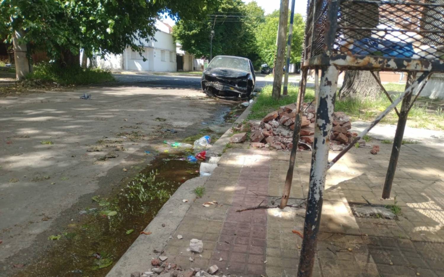 Un barrio de La Plata, con falta de luminarias, ratas, un auto abandonado y pérdida de agua