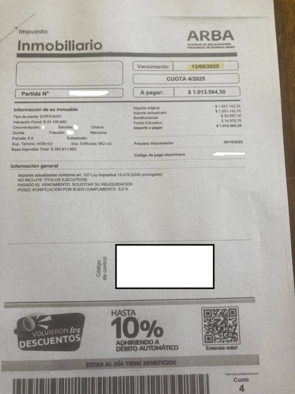 "Adicional": la aclaración de ARBA por la 5ta cuota del Inmobiliario, que llega con fuerte aumento