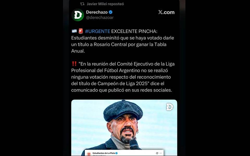 El retuit de Javier Milei en apoyo a Estudiantes tras el cruce con la AFA por el polémico título a Rosario Central