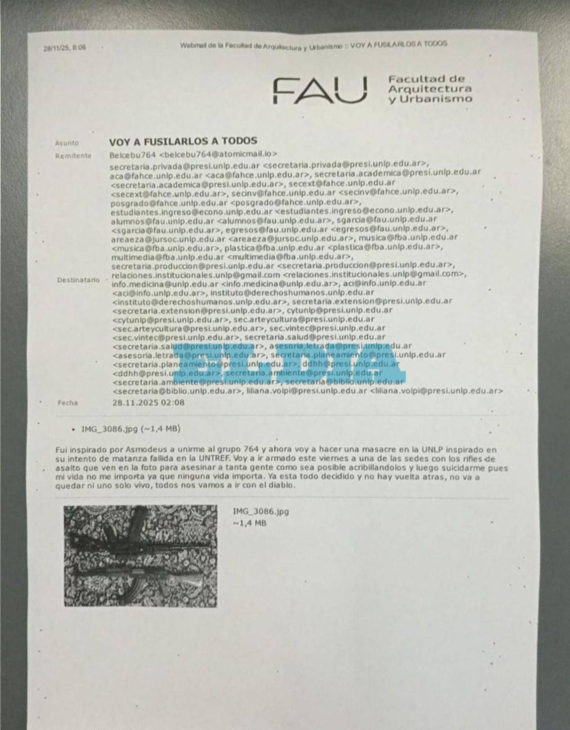 "Voy a hacer una masacre en la UNLP": el explosivo mail con las graves amenazas y fotos de armas