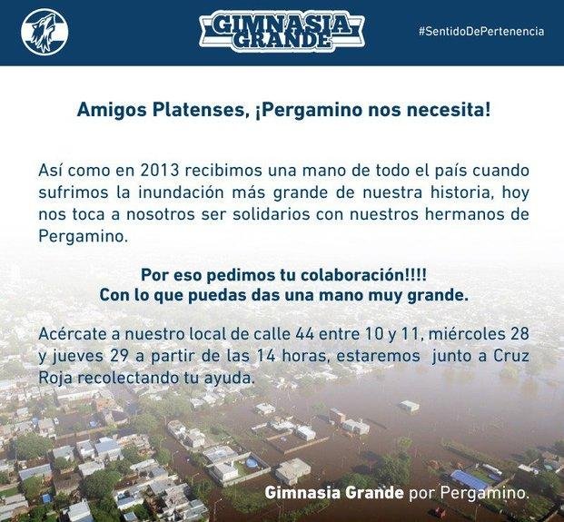 Gimnasia Grande recibe donaciones para Pergamino