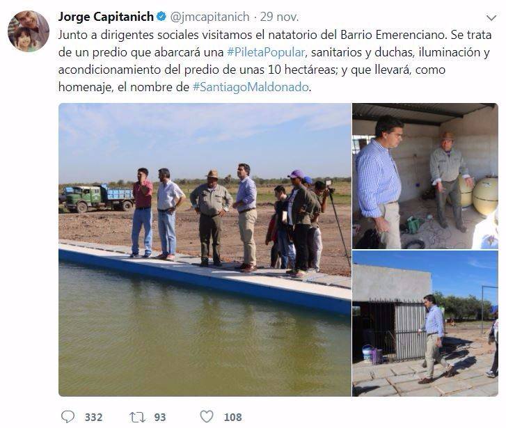 Capitanich anunció que bautizará un natatorio con el nombre “Santiago Maldonado”