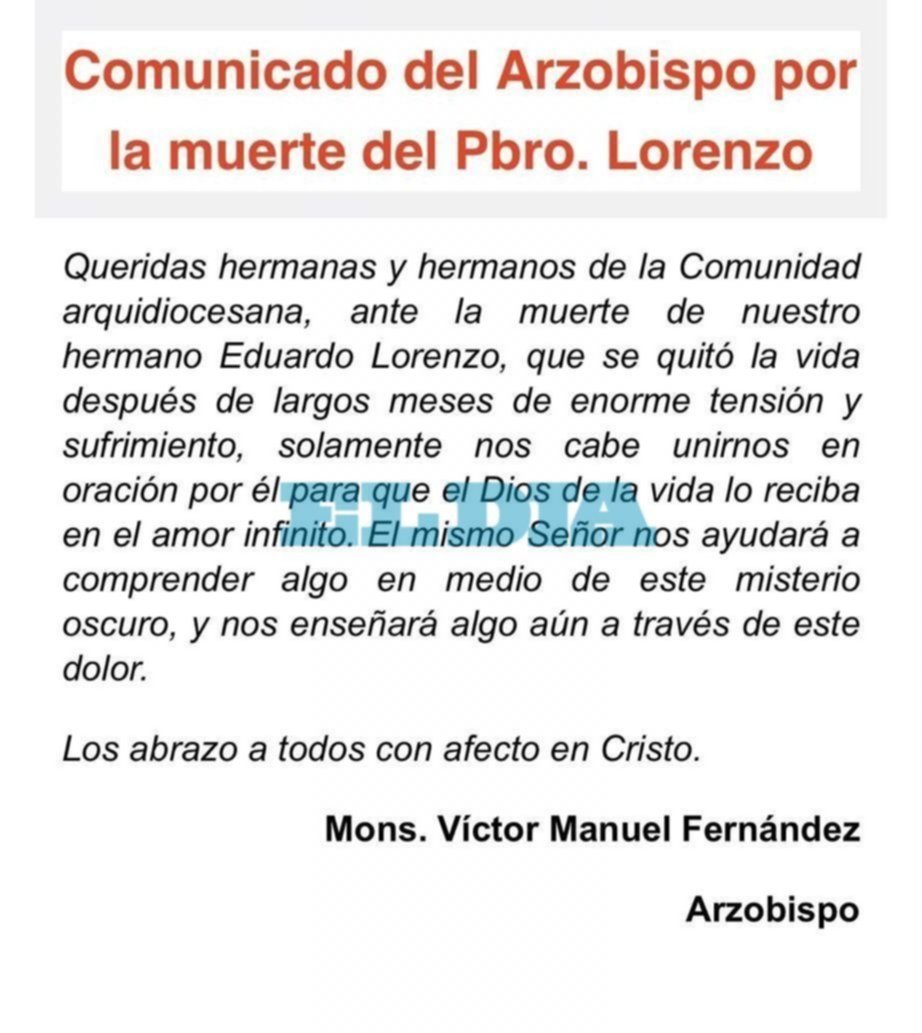 "Misterio oscuro", "tensión" y "sufrimiento", el adiós del Arzobispado platense a Lorenzo