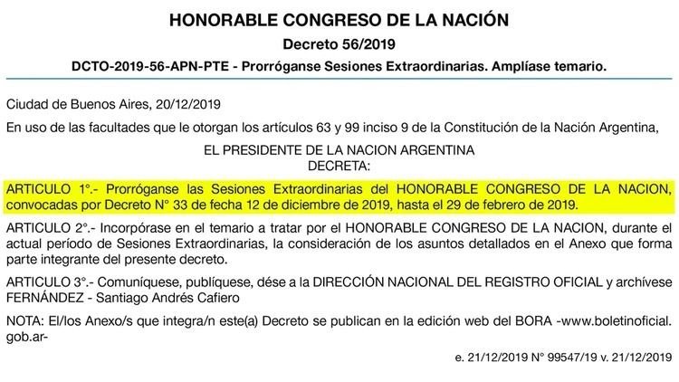 Con un error en el Boletín oficial, el Gobierno oficializó la prórroga de sesiones extraordinarias