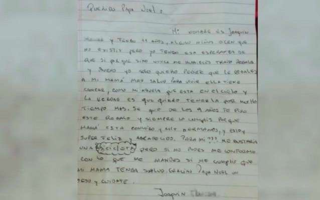 Su mamá tiene cáncer y le escribió una emotiva carta a Papá Noel: "Quiero que le regales más salud para vivir"