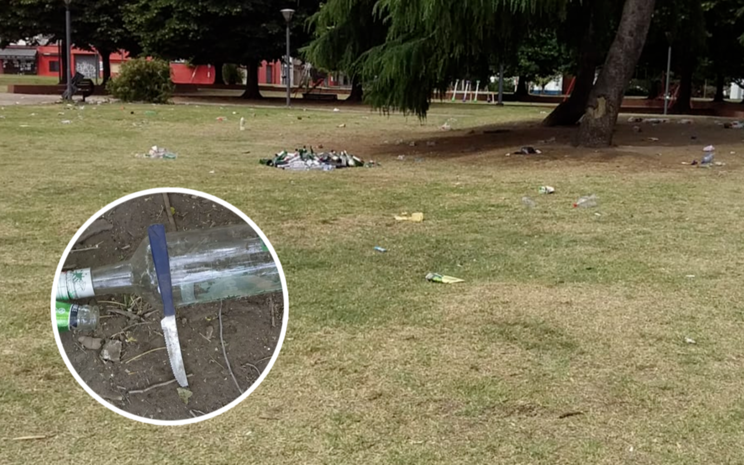 Los vecinos limpiaron la Plaza Güemes tras una fiesta clandestina: basura, botellas y hasta un cuchillo