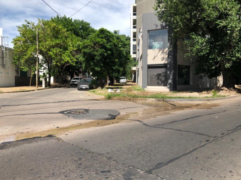 Pérdida de agua en una esquina de Barrio Norte