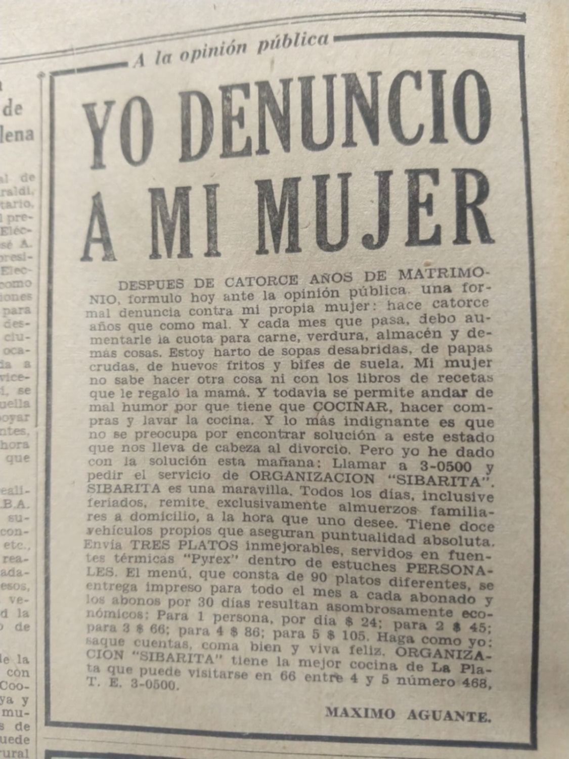 "Yo denuncio a mi mujer", el insólito aviso publicado en EL DIA hace 63 años
