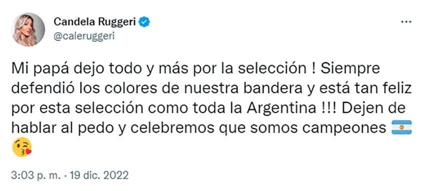 Cande Ruggeri fulminó a los que criticaron a su padre: "Él dejó todo por la Selección"