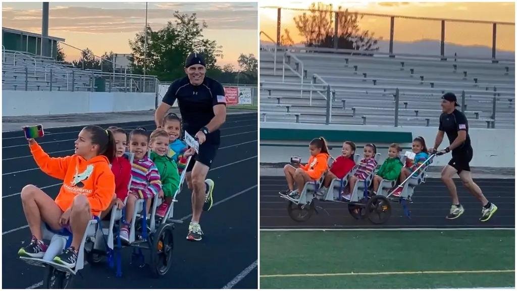 Carrera récord empujando un cochecito con 5 niños