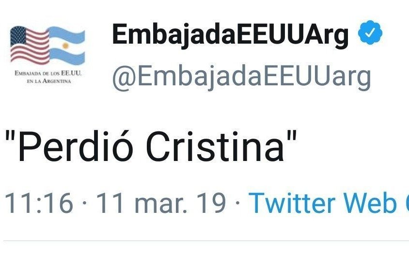 Revuelo por un tweet de la embajada de EE UU que decía “perdió Cristina”