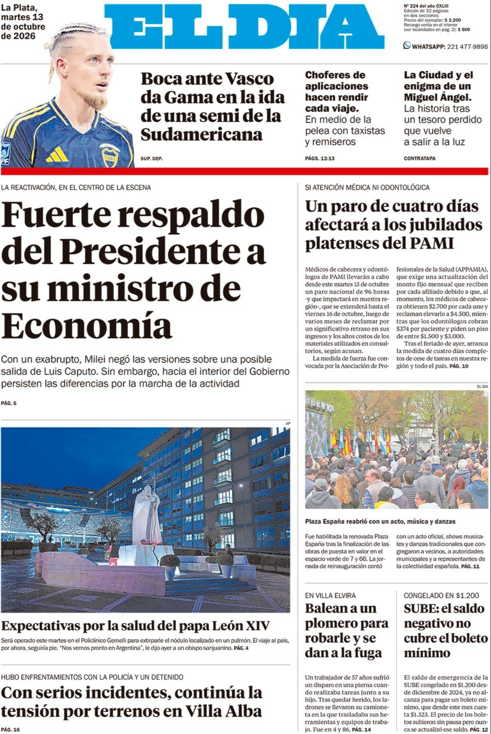 Tapa del diario El Día del 13/10/2026