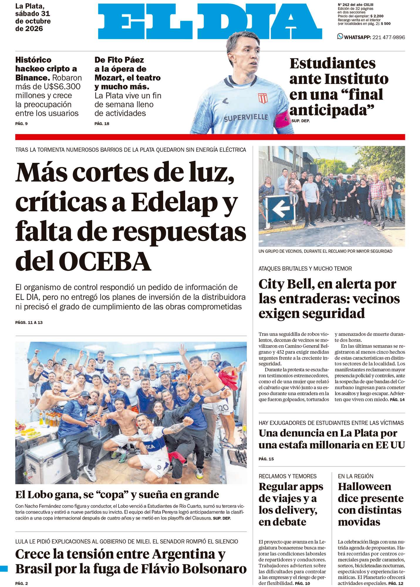 Tapa del diario El Día del 31/10/2026